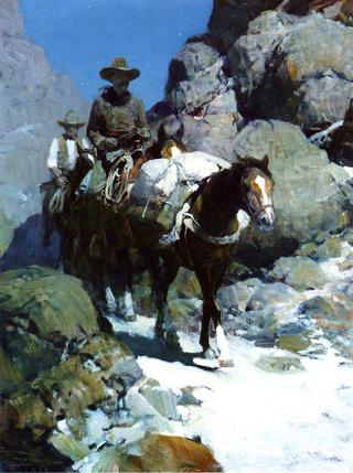 Two Cowboys through the Canyon Pass at Night