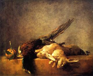 Two Rabbits, a Pheasant and a Seville Orange on a Stone Ledge
