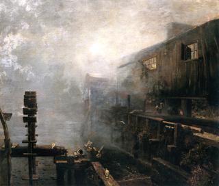 晨雾中的锯木厂