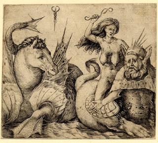 An naked old woman riding on a triton.