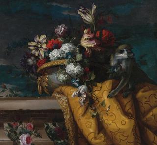 Jean-Baptiste Monnoyer - Still Life of Tulips, Hydrangea and Other Flowers in a Gilt Urn and Monkey
