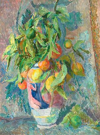 Still Life of Fruit and Leaves in a Coloured Vase