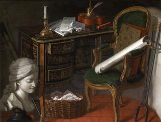 Bust of a woman by a wicker basket filled with sheet music, a writing desk with inkwell and a chair