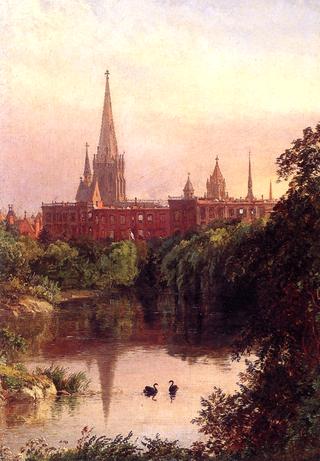 A View in Central Park - The Spire of Dr. Hall's Church in the Distance