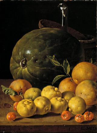 有柠檬、桔子、樱桃和水曲柳的静物画