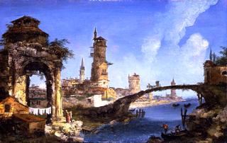 Capriccio with ruined arch, medieval tower and bridge