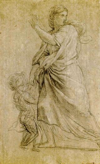 Frightened Woman Holding a Child by the Hand