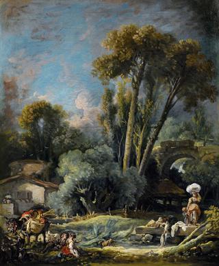 Pastoral Landscape with Washerwomen and a Couple on a River Bank