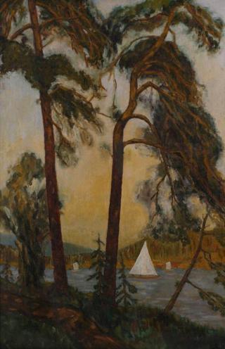 Coastal Landscape with Pine Trees and Sailboat