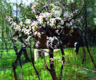 Flowering Apple Trees in a Damp Meadow