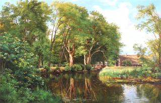 Forest scenery with a house by a stream