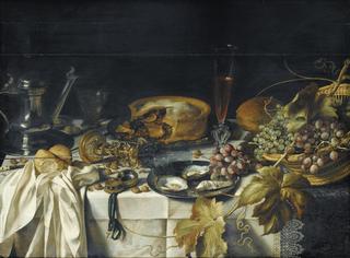 Still Life with a Pie, Basket of Grapes, Pitcher and Watch