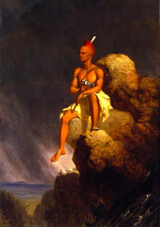 孤独的印第安人，坐在陡峭的悬崖边上