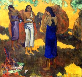 三个黄色背景的大溪地妇女