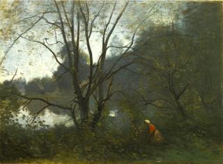 Ville d’Avray, Thicket at the Edge of a Pond with a Kneeling Peasant