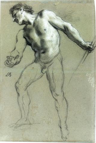 Standing Male Nude Facing Left, Holding a Staff