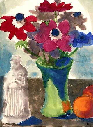 Anemones in a Green Vase, Oranges and a Sculpture