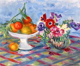 Fruit Dish with Oranges and Vase of Anemones