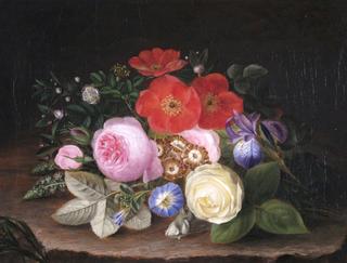 Roses, iris, narcissi and convolvulus on a bank
