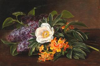 Flower stilleben with lilacs, roses and montbretia