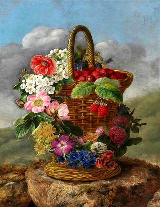 Strawberries in a tall basket decorated with a colorful wreath