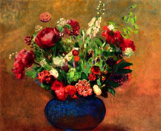 Poppies and Sweet William in a Blue Vase