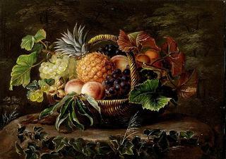 Basket of pineapples, grapes, peaches and hazelnuts