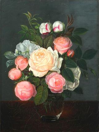 Still life with roses in a glass vase on a table