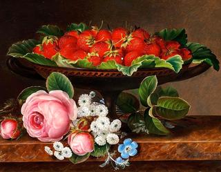 Still life with strawberries in a Greek bowl and a bunch of pink roses