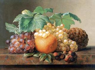 Still Life with grapes, blackberries, orange and pineapple