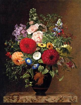 Convulvulus, dahlias, lupins and stocks in a Greek vase