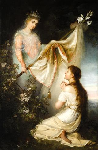 Joan of Arc kneeling before angel