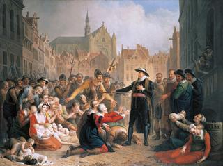Burgomaster van der Werf offers his sword to the people of Leiden