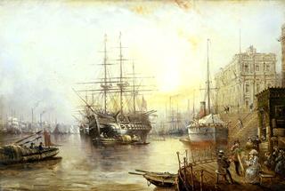 1877年格林威治的景色显示了训练舰“战舰”