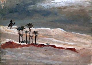 沙漠景观，骆驼骑手，棕榈树和暴风雨的天空