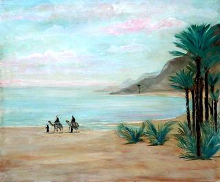 岸边有山和骑骆驼的人的风景