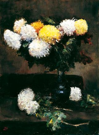 White and Yellow Chrysanthemums in a Blue Vase