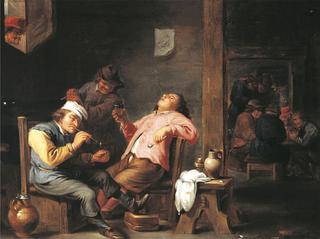 Company drinking and smoking in a pub