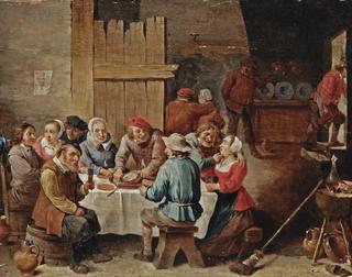 Peasants eating and drinking in an interior