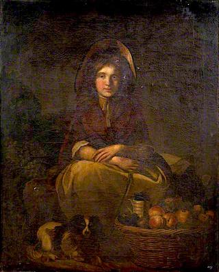 A Young Woman in a Bonnet Selling Fruit, with a King Charles Spaniel at Her Feet
