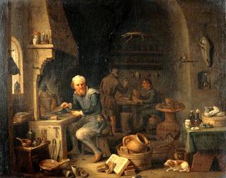 An Alchemist Seated at a Furnace, Turning Away in Thought
