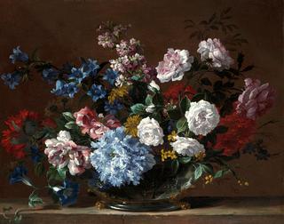 A still life of rose, convolvulus, Canterbury bells and other flowers