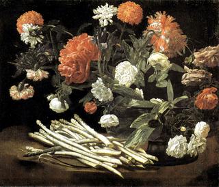 Still life with roses, asparagus, peonies and carnations