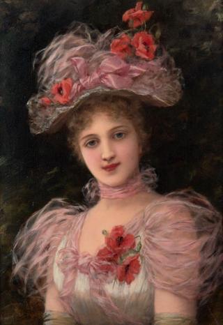 Young beauty with field poppy in hat
