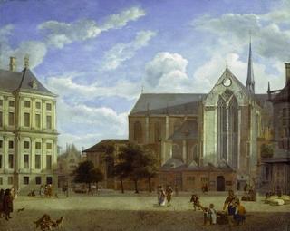 阿姆斯特丹朝向市政厅和纽韦教堂的水坝