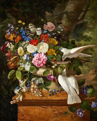 Flowers in a Vase with Two Doves