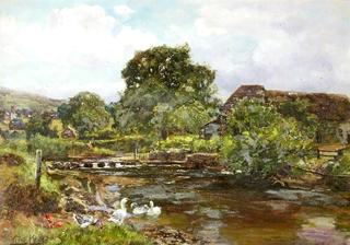 Chagford Mill, the River Teign with Stepping Stones and Ducks
