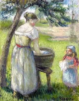 Woman Rinsing Chothes, with Child
