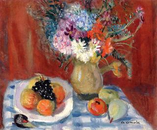 Pitcher of Flowers and Plate of Fruit