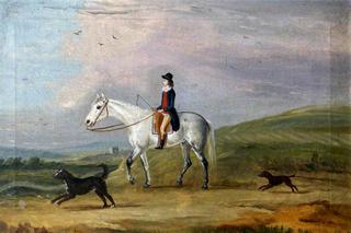 一个骑着灰马和两只狗的年轻骑手